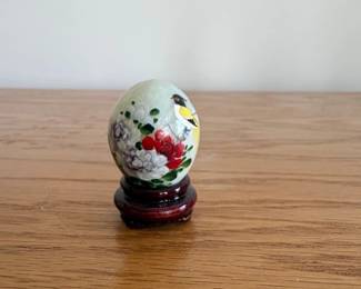 HandPainted Porcelain Egg with Bird and Floral Motif on Wooden Stand Asian Style
