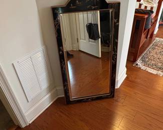Vintage Black Lacquer Mirror with Gilt Chinoiserie Decoration