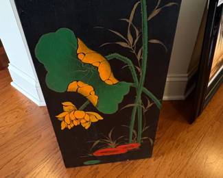 Vintage Black Lacquered Pedestal with Lotus Flower Motif