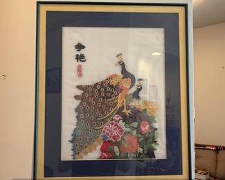 Framed Chinese Silk Embroidery of Peacocks and Peonies with Calligraphy