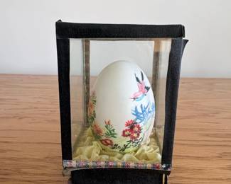 Vintage HandPainted Egg Shell with Floral and Bird Motif in Display Case