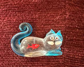 Glass Cat with Fish Figurine