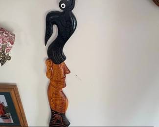 Carved Wooden Tiki Figure with Moai and Bird Motifs