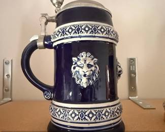 Gerz West Germany Cobalt Blue Ceramic Beer Stein with Lion Motif and Pewter Lid