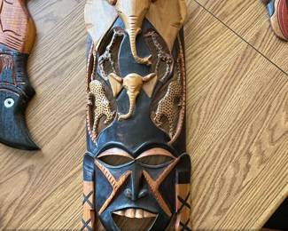 African Tribal Hand Carved Wood Mask with Elephants and Leopards