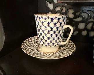 Lomonosov Porcelain Cobalt Net Pattern Teacup and Saucer