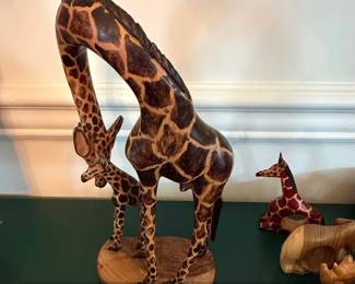 Hand Carved Wooden Giraffe Mother and Calf Sculpture