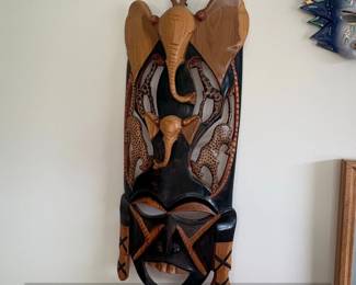 African HandCarved Wooden Mask with Elephants, Giraffes, and Leopards