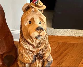 Carved Wooden Bear Figurine with Hat and Rose