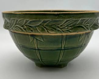 Vintage Green Majolica Style Pottery Bowl Leaf Basketweave Design