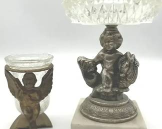Vintage Cherub Glass Compote Bowl  SilverTone Figural Pedestal Dish