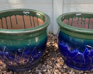 2 Beautiful Glazed Sea Themed Terracotta Pots