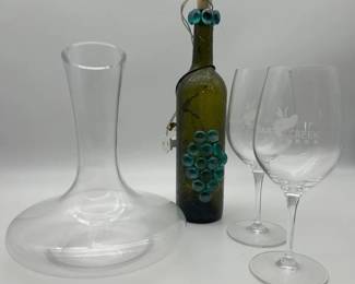 Pair Of Grape Creek Wine Glasses With Decanter And Decorative Wine Bottle