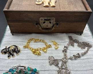 Wooden Elephant Box With Costume Jewelry