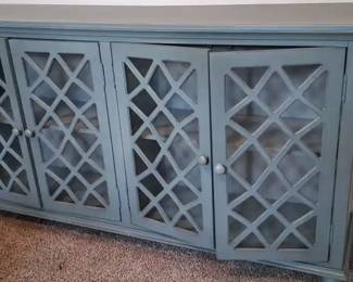 Shabby Chic Glass Cutout Door Side Buffet Hallway Storage Muted Teal Color