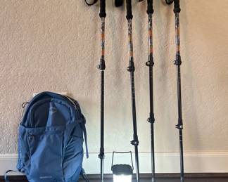 Set Of 4 Cascade Mountain Tech Quick Lock Trekking Poles With An Osprey Backpack And Lantern