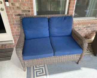 Hampton Bay Patio Furniture Loveseat With Blue Cushions