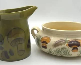Vintage California Pottery Mushroom Pitcher And Serving Bowl
