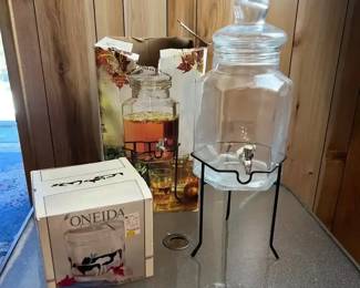 Vintage Oneida Cow Ice Bucket w Tongs New and Glass Drink Dispenser with Stand