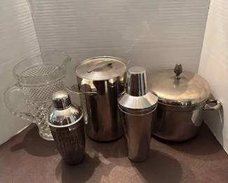 Barware Lot, Cut Glass Pitcher, Ice Bucket, Bar Shakers, More