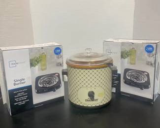 Rival Stoneware CrockPot, 2 Mainstays Single Burner Hotplates