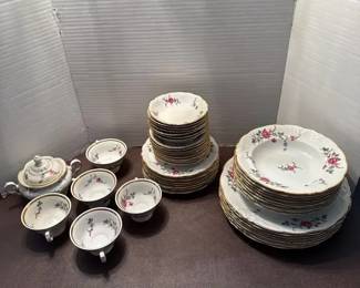 Vintage Walbrzych Sheraton Rose Rimmed China Set 42 Piece, Made in Poland