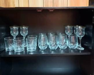 Assorted Barware GoldRim Wine Glasses, RocksLowball Glasses