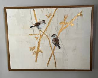 Framed Canvas Art, Gold Black Birds On Branches