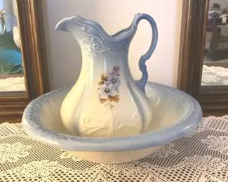 Vintage Blue and White Ironstone Pitcher and Wash Basin Set with Floral Detail