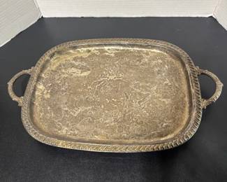 Vintage Leonard Silver Plated Footed Etched Serving Tray With Handles