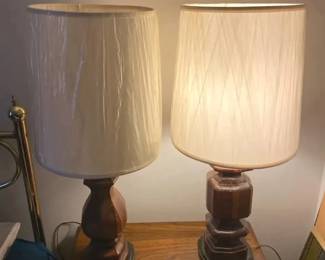 Pair Wood Table Lamps Rustic Sculptural with Drum Shades