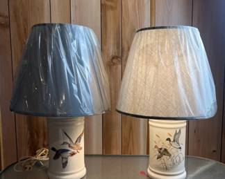 Pair 2 Ceramic Mallard Duck Lamps w Blue Shades, Junique Brand