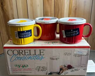 Corningware Ceramic Soup Mugs w Lids 3, Corelle Holly Drinking Glasses Set in Box 10 pc All NEW