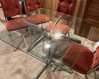 03 Retro 1970s Tubular Chrome and Burnt OrangeTerracotta Tufted Velvet Dining Set 5 Pieces