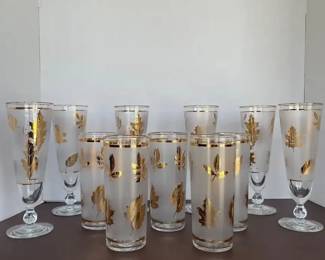 MidCentury Modern Golden Foliage Frosted Glassware Set