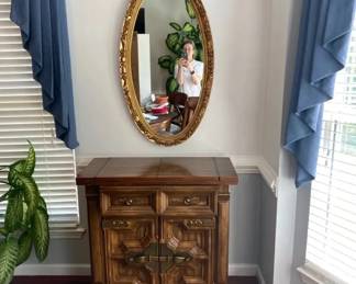 02 Gold Oval Ornate Wall Mirror and Wood Bar Cabinet
