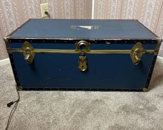 Vintage Blue Storage Chest, Foot Locker Trunk Gold Toned Hardware