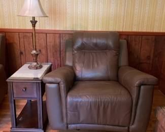 Leather Rocking Recliner With Two Matching Side Table And Lamp