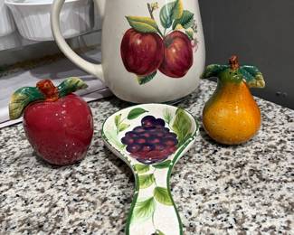 Vintage pitcher, spoon rest and salt & pepper shaker