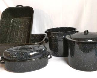 Graniteware Set Of Black Speckled Cooking Pots