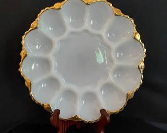 Vintage Milk Glass Egg Plate With Gold Trim