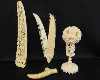 Chinese Puzzel Ball On Elephant Stand Imitation Ivory And Bone Items