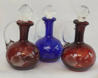Crimson and Cobalt Vintage Etched Cruets