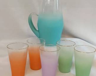 Vintage West Virginia Glass Blendo Pitcher and Tumbler Set