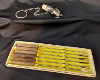 Fondue Sticks And Pewter Turtle Wine Stopper