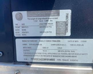 2020 Eagle Cargo 8.5' x 24' Enclosed V-Nose Trailer – Tandem Axle, 7000 LB GVWR