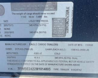 2020 Eagle Cargo 8.5' x 24' Enclosed V-Nose Trailer – Tandem Axle, 7000 LB GVWR