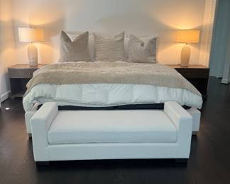 Restoration Hardware Eastern King Upholstered Bed (48" Headboard Height / 13" Footboard Height) with Restoration Hardware Upholstered Settee (60"W x 20"D x 19"H)