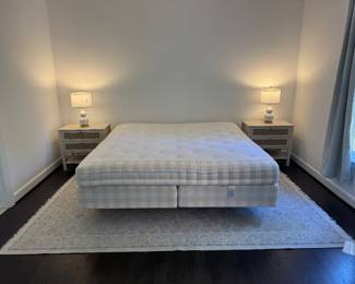 Hastens Eastern King Mattress & Box Spring (Like New) & Breakwater Bay 2 Drawer Side Tables (27"W x 15-1/2"D x 26"H / 2 Available)