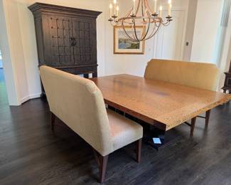 Oak Top & Trestle Base Rectangular Dining Table (66"W x 96"L x 29-1/2"H) with A. Rudin of Los Angeles Monarch Design Upholstered Walnut X-Stretcher Based Benches (66"W x 25"D x 44"H / 2 Available)